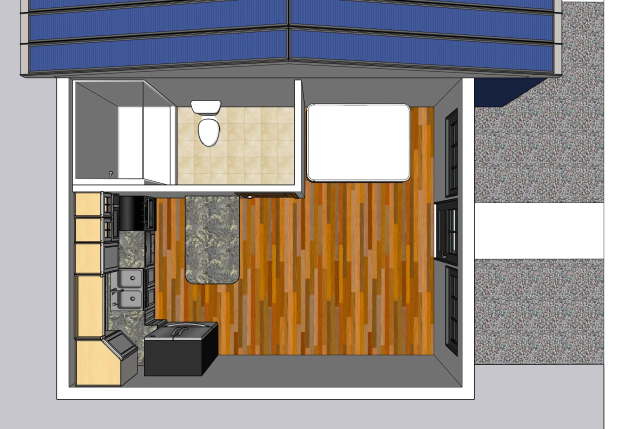 Grundriss eines Tiny Houses mit Küche und Wohnbereich, einschließlich Toilette, Waschbecken, Schränken und anderen Einrichtungsgegenständen.