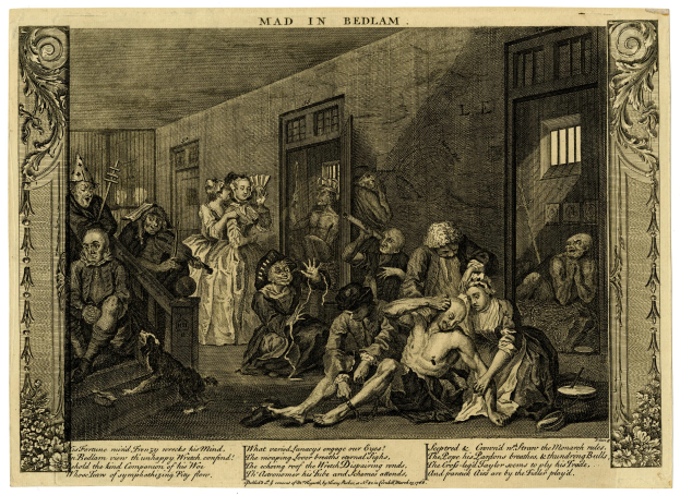 Eine Schwarz-Weiß-Zeichnung einer Gruppe von Menschen in einem Raum mit Wänden, Türen, Fenstern und anderen Gegenständen, mit der Aufschrift "Verrückt in Bedlam" unten.