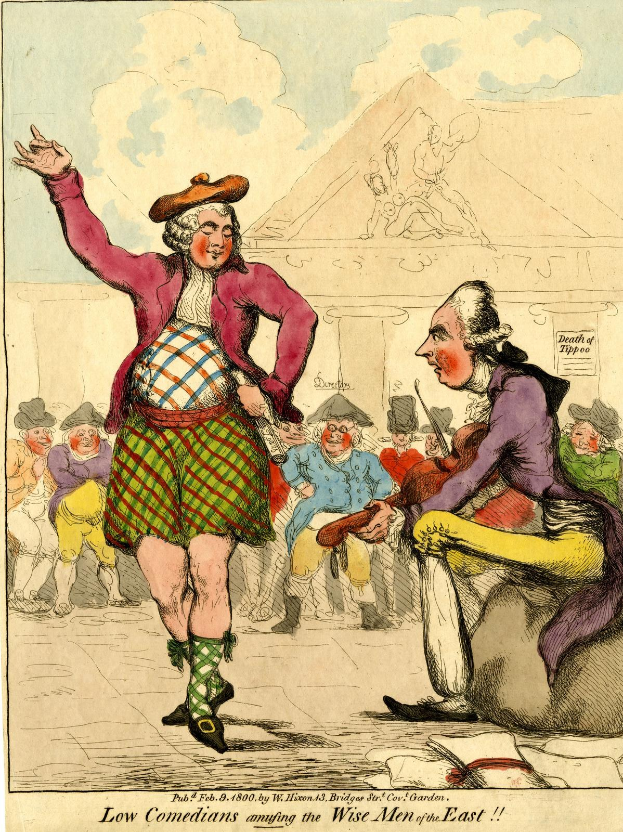 Cartoon eines Mannes in einem Kilt und einer Frau in einem Kleid, die vor einer Menge stehen, mit einem Gebäude und Wolken im Hintergrund und Text unten, der 'Niedrige Komiker, die die weisen Männer des Ostens unterhalten' liest.