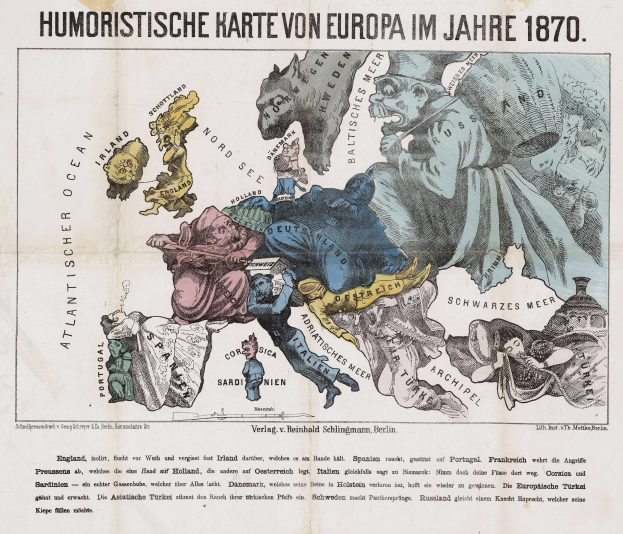 Plakat mit der Aufschrift 'Humoristische Karte von Europa im Jahre 1870' mit einer zentralen Karte von Europa umgeben von Cartoon-Illustrationen und Text.