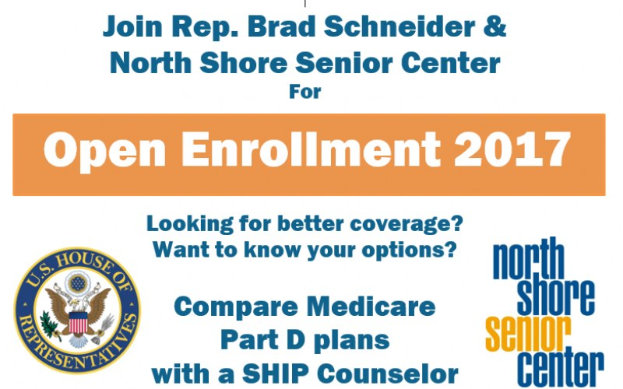 Plakat zur offenen Anmeldung mit Abgeordneter Brad Schneider und dem North Shore Senior Center, mit Veranstaltungsdetails und Logo.