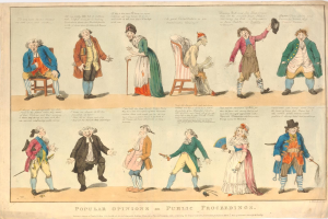 Ein Blatt mit Fotos von Menschen und handgeschriebenem Text, das öffentliche Meinungen zu einem Verfahren zusammenfasst.