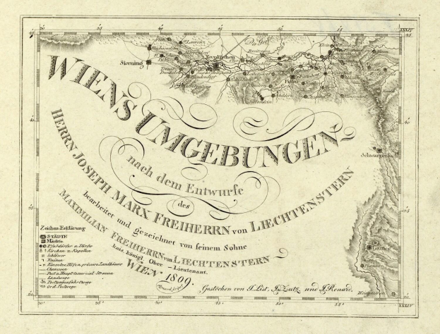 Alte detaillierte Karte von Wien, Deutschland, die geografische Merkmale, Städte, Ortschaften, Straßen, Sehenswürdigkeiten und textuelle Informationen zum Gebiet zeigt.