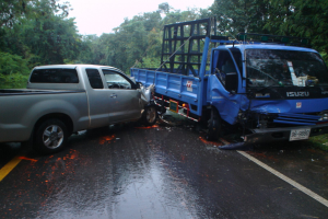 Ein geschädigter Lkw steht am Straßenrand umgeben von Bäumen unter einem klaren blauen Himmel, mit seiner zerbeulten Front und verbeulter Karosserie.