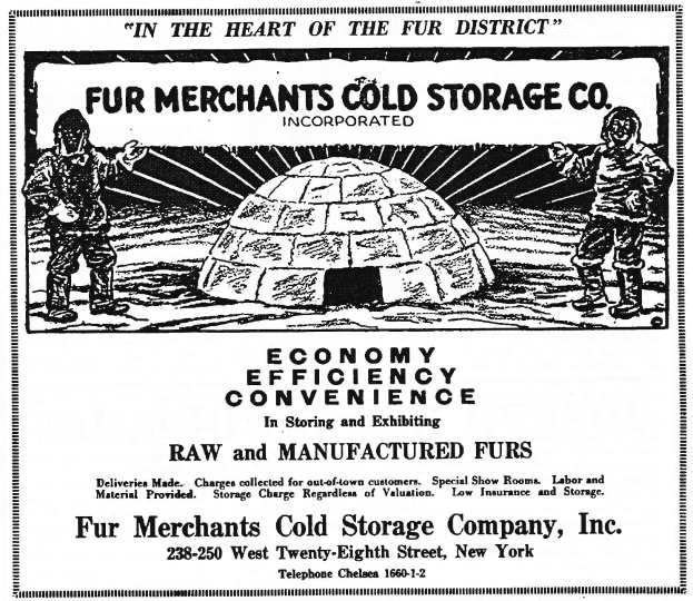 Eine Werbung für die Fur Merchants Cold Storage Company, Inc., die zwei Personen vor einer igluähnlichen Struktur zeigt, mit Text, der die Dienstleistungen des Unternehmens beschreibt.