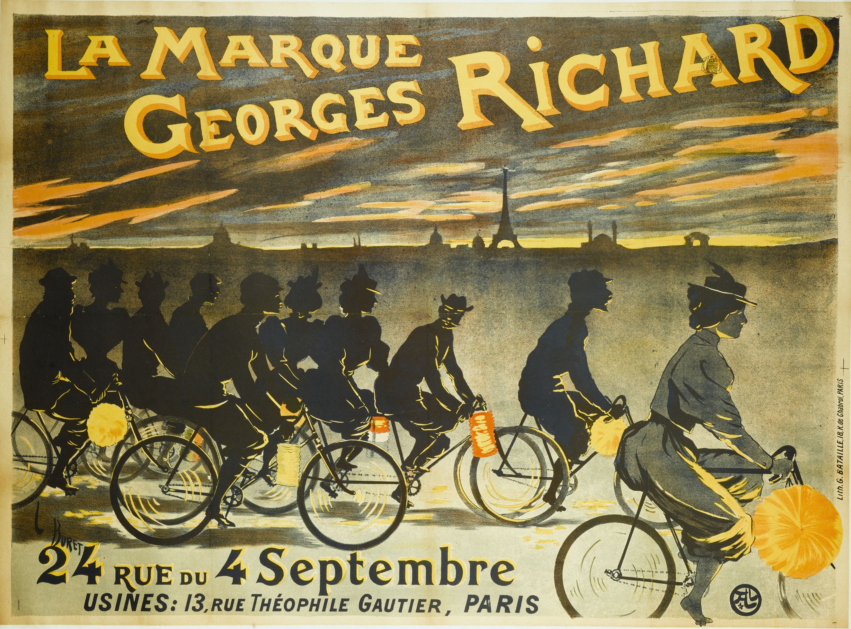 Plakat für ein Fahrradrennen in Paris, Frankreich, mit einer Gruppe von Radfahrern und dem Eiffel-Turm im Hintergrund, mit Text auf dem Plakat.