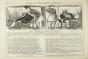 Altes Buchcover mit einem Mann in einem Anzug, der in einem Stuhl sitzt und eine Frau neben ihm steht, beide mit ernsten Gesichtern, betitelt mit "Die Macht der öffentlichen Meinung".