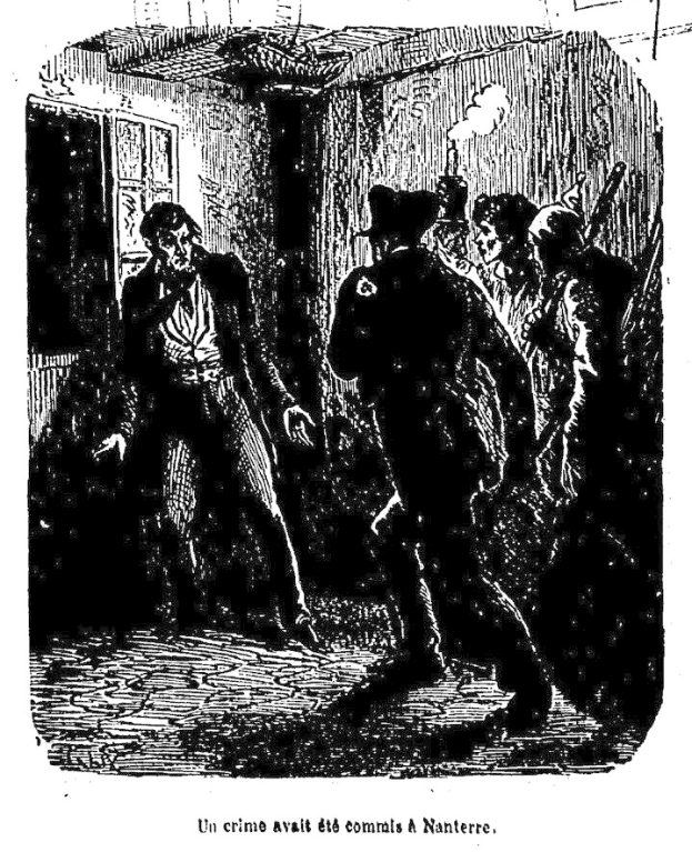 Eine Schwarz-Weiß-Illustration eines Mannes in einem Anzug und Hut, der von einem Polizeibeamten eskortiert wird, mit einer Wand und einer Tür im Hintergrund. Unten auf dem Bild steht der Text "Un crime avait été commis à nantes".