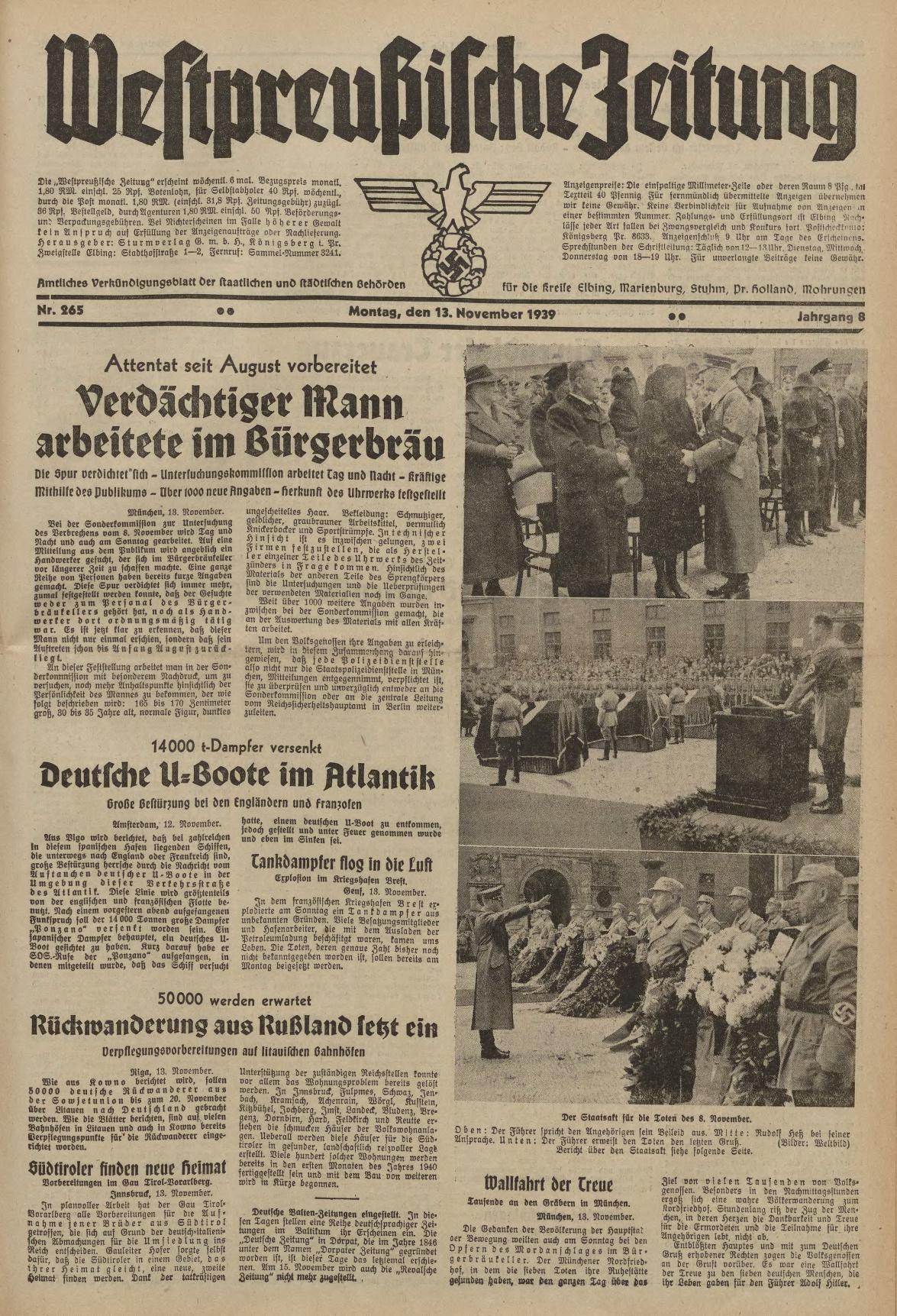 Schwarze und weiße Titelseite einer deutschen Zeitung vom 13. November 1939, betitelt 'Weitpreubliche Zeitung', zeigt eine Gruppe von Menschen in traditioneller deutscher Kleidung in einer feierlichen Atmosphäre.