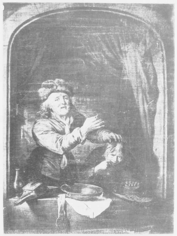 Eine Schwarz-Weiß-Zeichnung eines Mannes, der an einem Tisch sitzt und vor ihm ein Kind hat, umgeben von verschiedenen Gegenständen, mit der Beschriftung 'Rembrandt Harmenszoon van Rijn - Der Magier' unten.