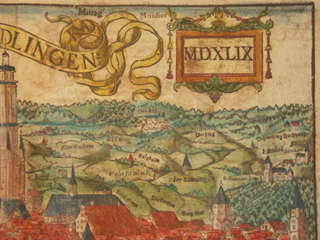 Ein altes, detailliertes Stadtplan von Dlingen, Deutschland, mit verschiedenen Gebäuden, üppigen grünen Bäumen und dekorativem Text, der die Stadt und die umliegende Landschaft zeigt.