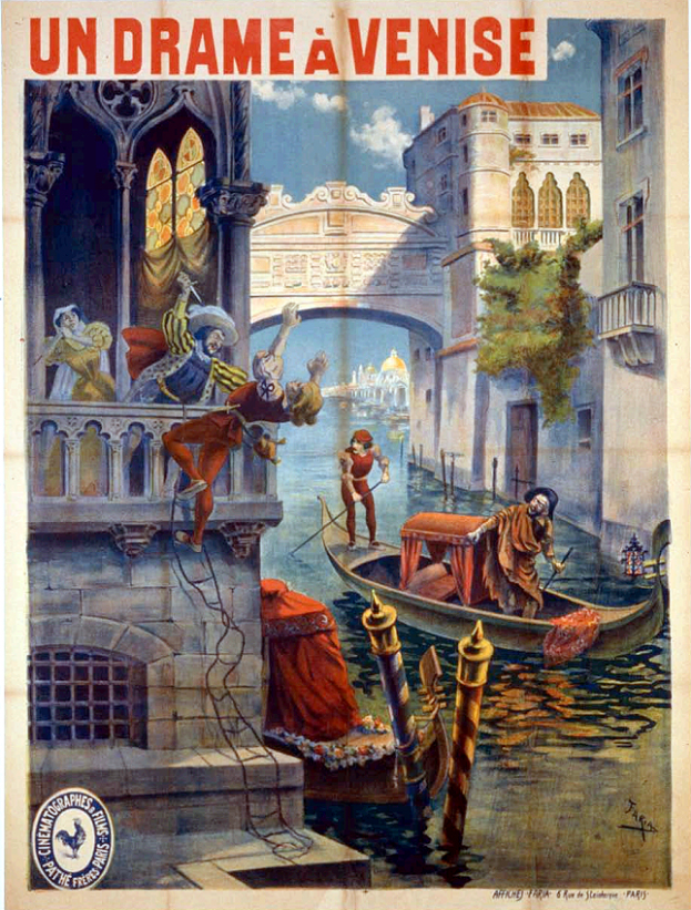 Ein Filmplakat, das Menschen in einem Boot auf dem Wasser zeigt, mit Gebäuden, Bäumen und einer Brücke im Hintergrund und Text, der den Film beschreibt.