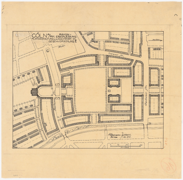 Alte Karte von Köln, Deutschland, die einen detaillierten Gebäudeplan mit handgeschriebenen Textanmerkungen auf altem Papier zeigt.
