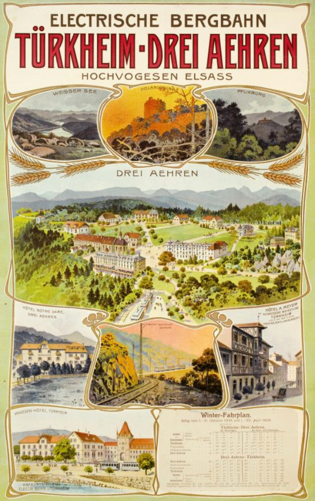 Ein Plakat, das die elektrische Stadt Bergbahn, Deutschland, bewirbt, mit Bildern von Gebäuden, Bäumen, Hügeln und beschreibendem Text.