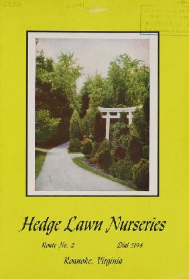 Plakat für Hedge Lawn Nurseries in Roanoke, Virginia, mit Bäumen, Pflanzen, einem Weg und Himmel, sowie dem Text "Hedge Lawn Nurseries Route No. 2" unten.