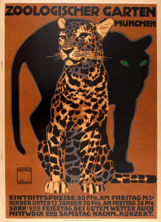 Ein Plakat, das einen Zoo in München, Deutschland, bewirbt und ein Leopard und eine Hauskatze zeigt, mit Text, der Informationen über den Zoo enthält.