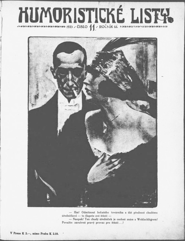 Schwarz-weißes Magazin-Cover mit der Aufschrift 'Humoristische Liste', das einen Mann im Anzug mit ernster Miene und eine Frau zeigt, die wegsieht und leicht schmunzelt.