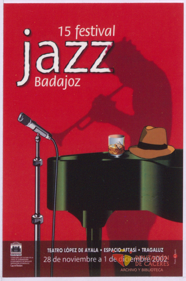 Plakat für das 15. Festival Jazz Badajoz mit Mikrofon, Hut und Glas auf einem Tisch mit Text, der Festival-Informationen enthält.
