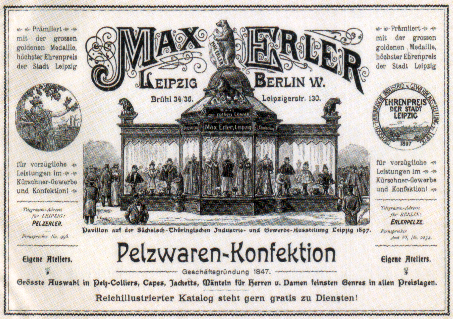 Eine Werbeanzeige für Max Erler Leipzig in Berlin, Deutschland, die eine Gruppe von Menschen vor einem Gebäude mit Text zeigt, der ein Ereignis ankündigt.