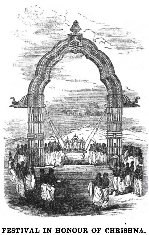 Schwarz-weiß-Zeichnung eines Krishna-Festes mit einem zentralen Bogen und Menschen drumherum sowie Text unten.