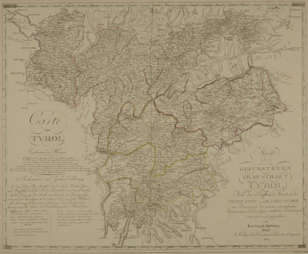 Ausführliche alte Karte von Tirol, Deutschland, mit Städten, Dörfern, geografischen Merkmalen und Text mit Bevölkerungszahl, Straßen und Sehenswürdigkeiten.
