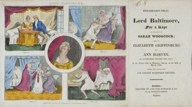 Ein historisches Bild, das einen Prozess von Lord Baltimore zeigt, mit einem Papier, das Porträts von Menschen, Vorhänge und Text zeigt.