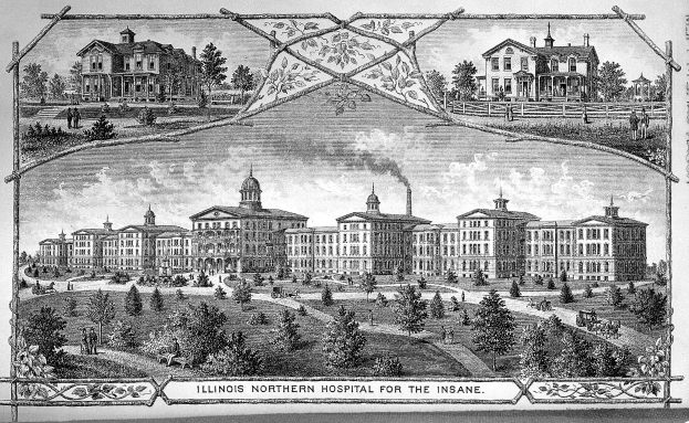 Eine Schwarz-Weiß-Zeichnung des Illinois Northern Hospital for the Insane, die mehrere Gebäude, Bäume, Menschen und Wolken am Himmel zeigt, mit Text unten.