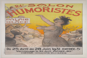 Plakat für den Salon des Humoristes in Paris: Eine Frau mit menschlichem Gesicht umgeben von einer Menge.