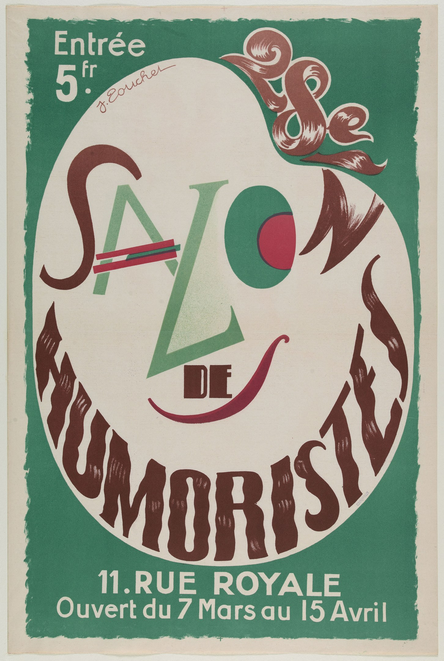 Plakat für eine Humoristenvorstellung in Paris, Frankreich, mit Text zu den Angeboten.