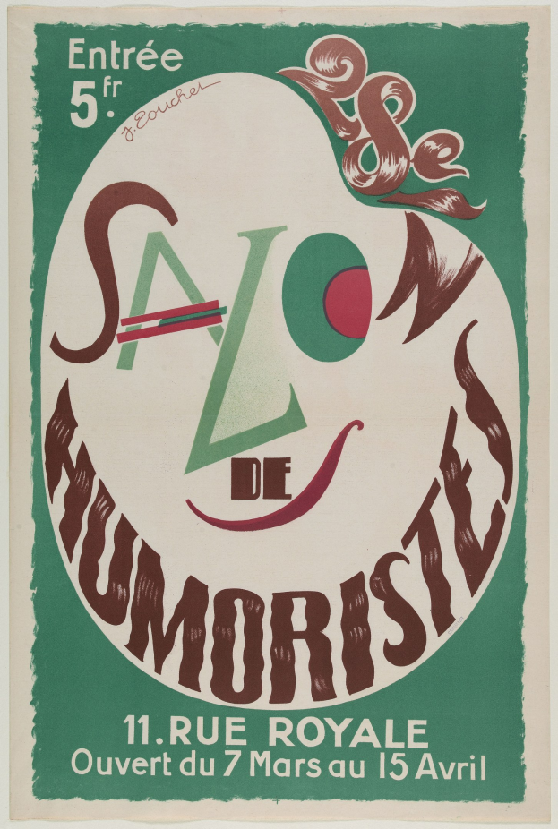 Plakat für eine Humoristenvorstellung in Paris, Frankreich, mit Text zu den Angeboten.