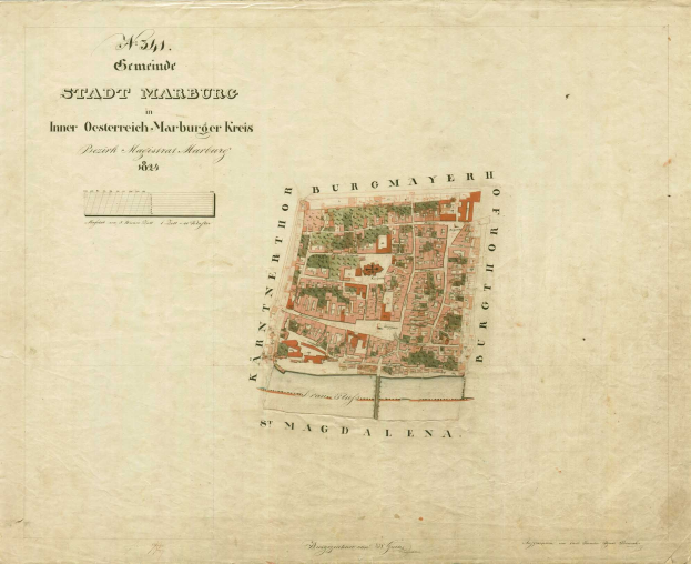 Detailierte alte Stadtplan von Stadt Marburg mit Straßen, Gebäuden und Sehenswürdigkeiten mit beschreibenden TextAnnotation.