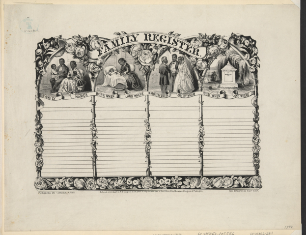 Schwarz-weißes Familienstammbuch mit Gruppenfoto in der Mitte und handgeschriebenem Text mit Familiendetails.