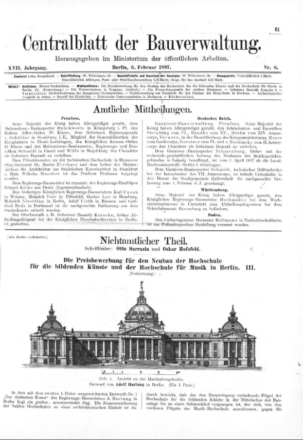 Alte deutsche Zeitungsvorderseite vom 6. Februar 1897 mit einer detaillierten Illustration eines großen, prunkvollen Gebäudes mit einem prächtigen Eingang und mehreren Fenstern, eingerahmt von dekorativen schwarzen Tintenrändern.