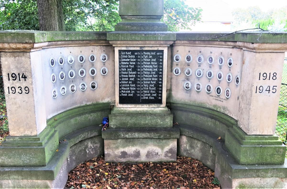 Ein Holocaust-Gedenkmonument in einem jüdischen Friedhof in Berlin, das eine Wand mit Text und Zahlen zeigt, umgeben von Bäumen, einem Zaun und verstreuten trockenen Blättern.