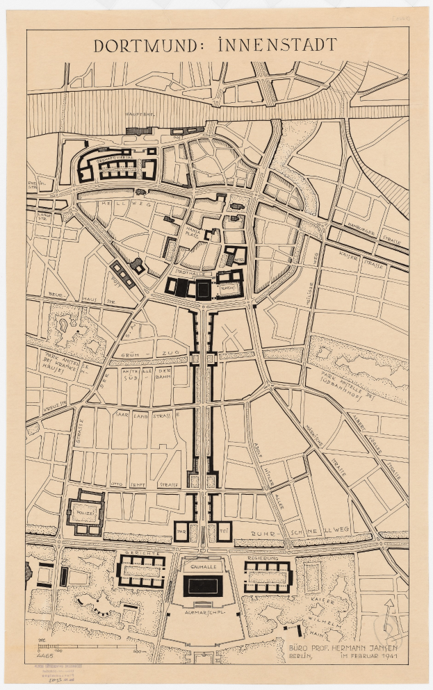 Ein detaillierter Stadtplan von Dortmund, Deutschland, der Straßen, Gebäude und Sehenswürdigkeiten zeigt, mit Text oben und unten im Bild.