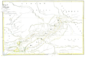Eine Karte des britischen Empire aus dem 19. Jahrhundert, die die Himalaya-Gebirgskette hervorhebt und mit detaillierten Textanmerkungen versehen ist.