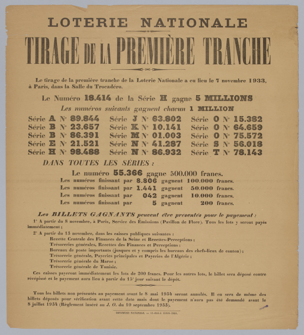Ein Papier mit der Aufschrift "Loterie Nationale Tirage de la Première Tranche", das auf eine Lotterielos zeigt.