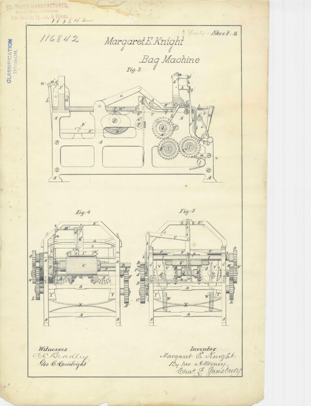 Detailierte Linienzeichnung einer Schlauchbeutelmaschine auf Papier, einschließlich beschrifteter Komponenten wie Griff und Räder, mit begleitendem beschreibendem Text.