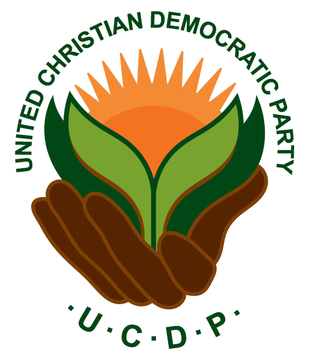 Logo der Vereinigten Christdemokraten (UCDP): eine Hand, die eine leuchtend gelbe Blume mit einem grünen Stiel und Blättern hält, zentriert innerhalb eines blauen und gelben Kreises auf einem weißen Hintergrund, mit dem Text "UCDP" in fetter schwarzer Schrift darunter.