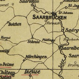 Ein detaillierter alter Stadtplan von Saarbrücken, Deutschland, mit Straßen, Gebäuden und Sehenswürdigkeiten, der klassische Schriftarten enthält.