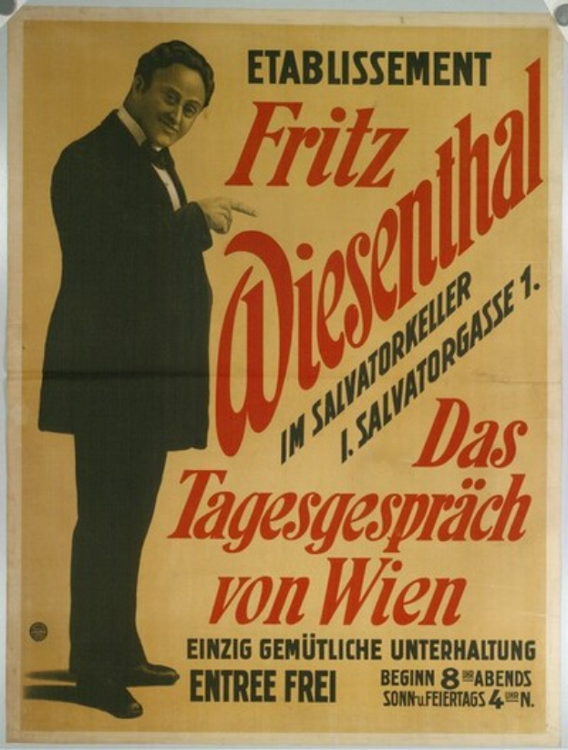 Ein Plakat mit Fritz Diesenthal, einem deutschen Komponisten, in einem schwarzen Anzug und weißem Hemd, mit zurückgekämmtem Haar und ernstem Gesichtsausdruck, der direkt in die Kamera schaut, vor einem weißen Hintergrund mit fetter schwarzer Schrift.