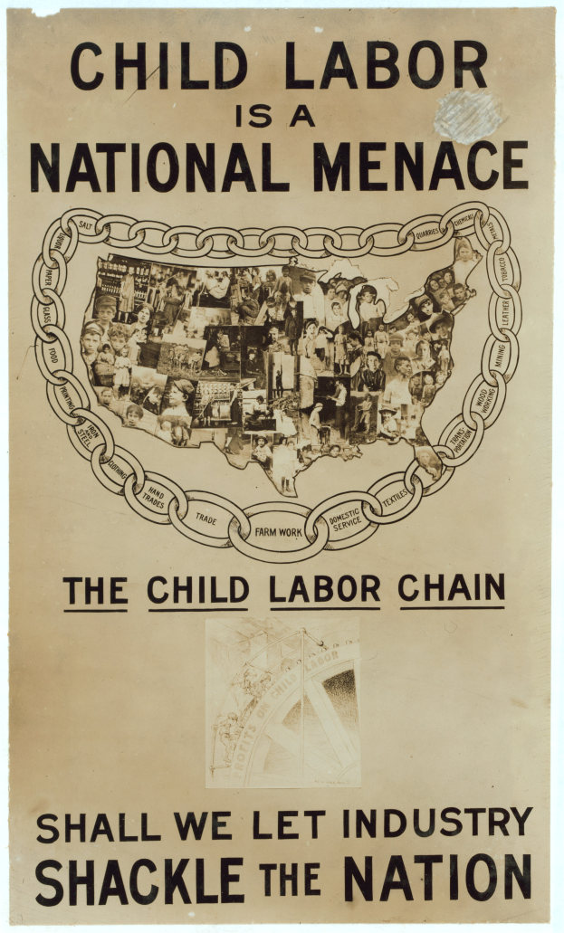 Ein Plakat mit fetter schwarzer Schrift auf einem weißen Hintergrund zeigt "Kinderaustrie ist eine nationale Bedrohung - Sollen wir der Branche die Nation überlassen?", mit einer Gruppe von Menschen verschiedener Altersgruppen, Geschlechter und Ethnien, die gemeinsam stehen.