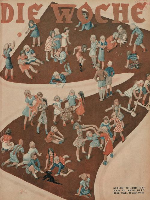 Ein deutscher Magazinumschlag aus dem Juni 1933 mit der Aufschrift 'Die Woche', der eine Gruppe strahlender Kinder zeigt, die im Kreis spielen, mit leuchtenden Farben.