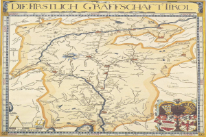 Eine detaillierte Karte des ersten deutschen Grafschafter Tirols, die geographische Elemente wie Flüsse, Berge und Städte zeigt und von informativem Text und Bildern begleitet wird.