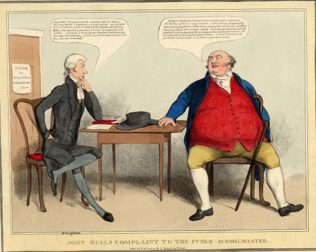 John Bull steht einem sitzenden Schuldirektor gegenüber an einem Tisch mit Hut und Papieren, während eine weitere Person daneben sitzt; eine Tür und ein Papier an der Wand sind im Hintergrund zu sehen.