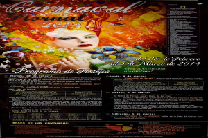 Eine Frau in einem bunten Kleid, die lacht, umgeben von schwarzem Text, der "Carnaval Festival 2014" auf einem leuchtend gelben Hintergrund liest.