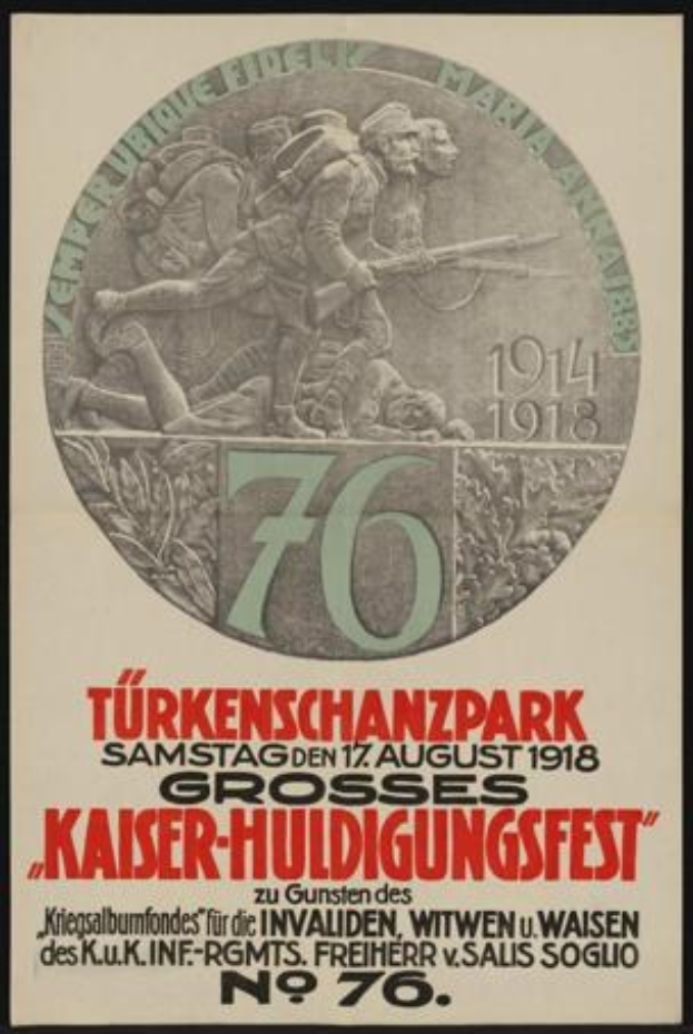 Plakat zum 70-j├Ąhrigen Jubil├Ąum des Kaiser-Huldigungsfestes in Berlin, Deutschland, mit einer Gruppe von Menschen in der Mitte, eingerahmt von klassischem Text und Zahlen.