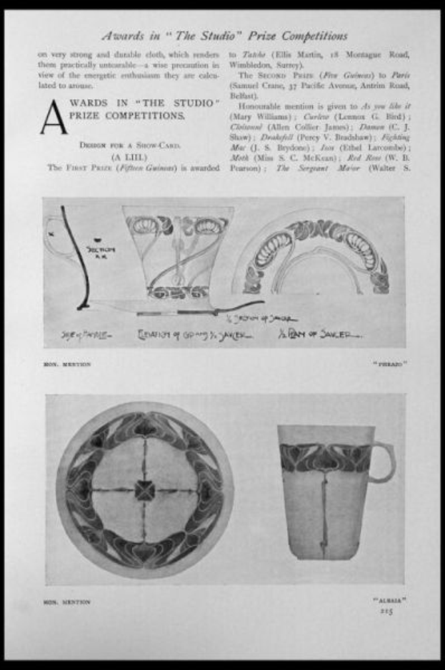 Eine Schwarz-Weiß-Zeichnung einer Tasse und eines Untersetzers mit einem Design, umgeben von einem schwarzen Rand, mit der Aufschrift "Awards in the Studio Prize Competitions".