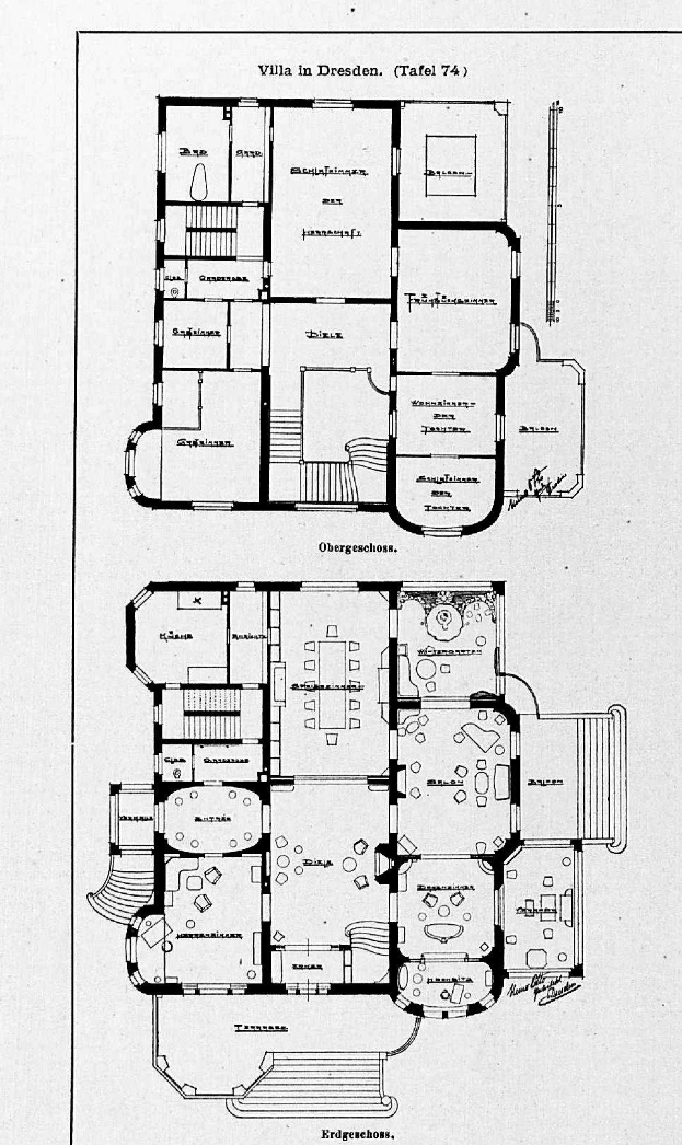Ein Schwarz-Weiß-Fußbodenplan eines Hauses mit mehreren Räumen, das mit Details über die Raumanzahl und -größen beschriftet ist, wird als die Villa in Dresden, Deutschland, vermutet.