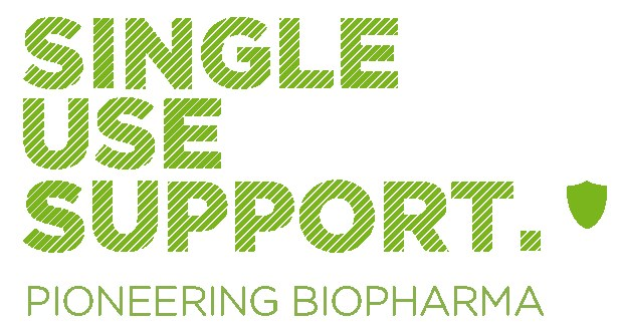 Weißer Hintergrund mit fetter grüner Schrift, die "single use support pioneering biopharma" liest.